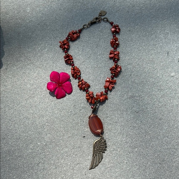 Handmade Jewelry - ❤️Red cornelian gemstone Necklace with Wing Pendant by a local artist